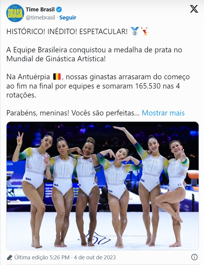 Ir para  <p><big>O Brasil teve mais um dia hist&oacute;rico no Mundial de Gin&aacute;stica Art&iacute;stica disputado na Antu&eacute;rpia (B&eacute;lgica) ao conquistar a medalha de prata na disputa das equipes femininas....